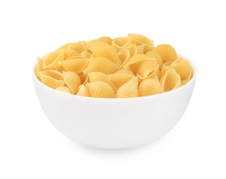 Raw conchiglie pasta in bowl isolated on white