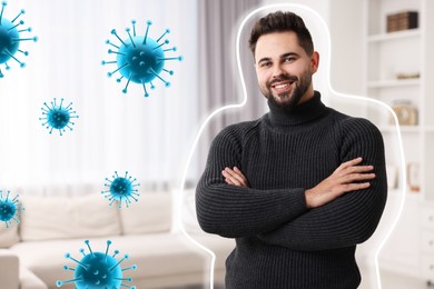 Man with strong immunity surrounded by viruses at home