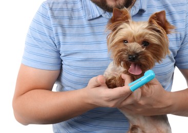 Photo of Man brushing dog's teeth on white background, closeup