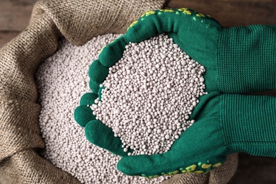 Woman with handful of fertilizer over bag on wooden table, top view. Horticulture and gardening