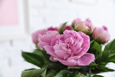 Photo of Bouquet of beautiful peonies on blurred background, closeup. Space for text