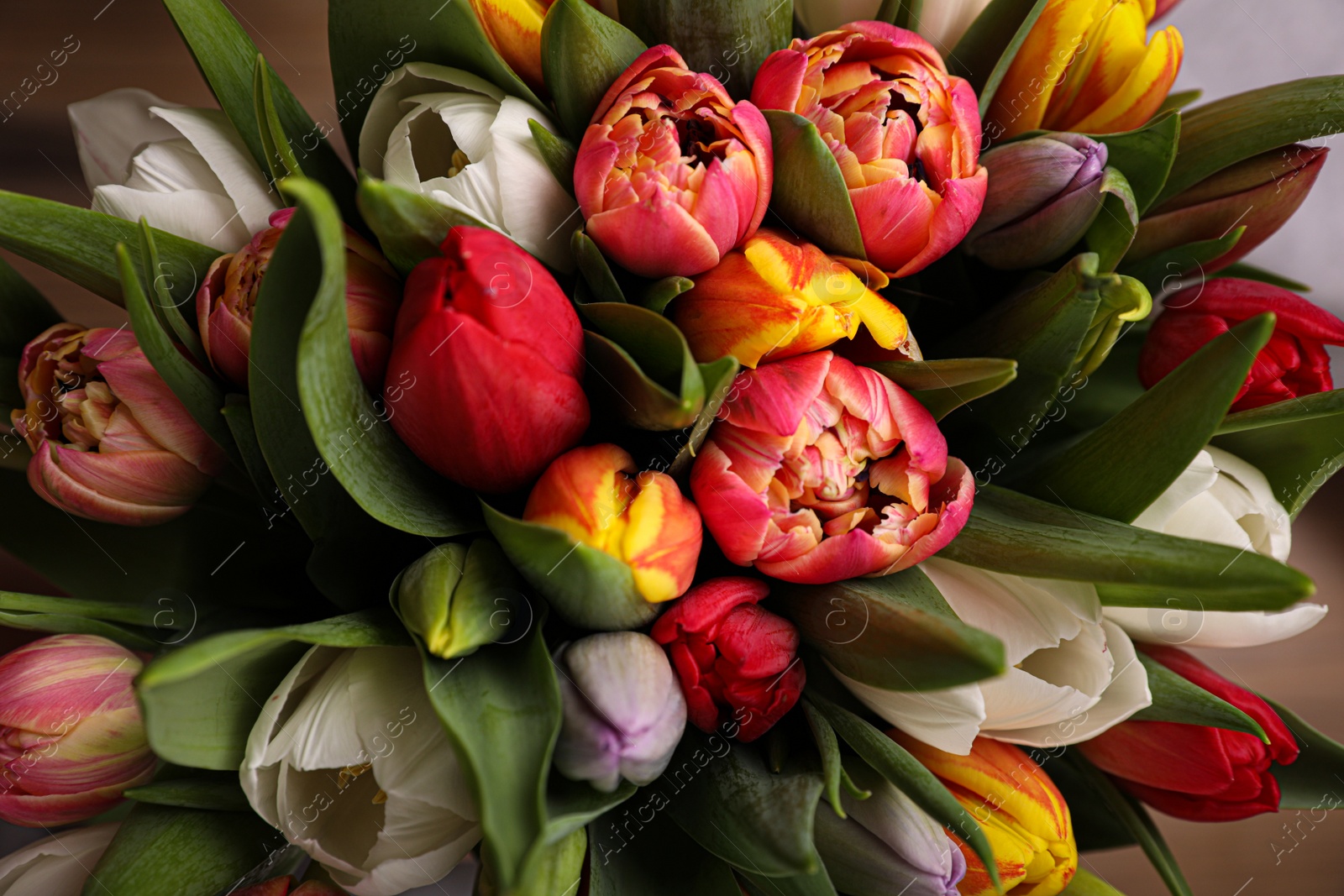 Photo of Beautiful bouquet of colorful tulip flowers, closeup