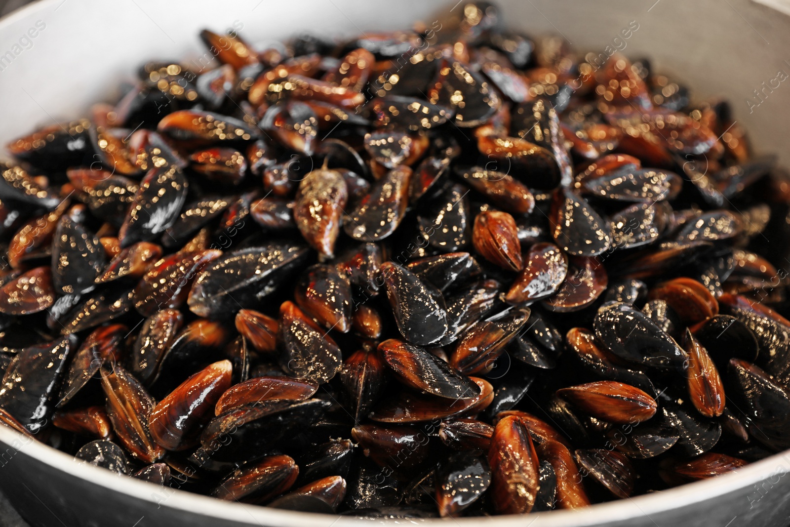 Photo of Many delicious fresh mussels in pan, closeup