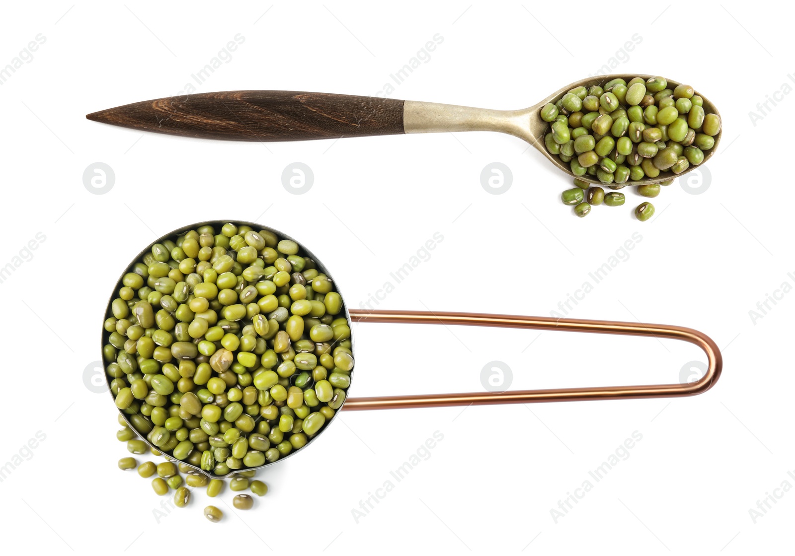 Image of Raw mung beans on white background, top view