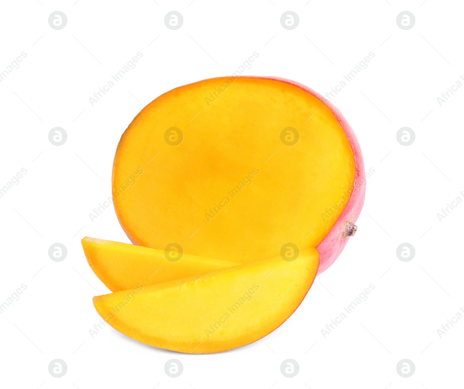 Photo of Delicious cut mango on white background. Tropical fruit