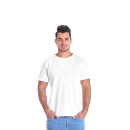 Photo of Young man in t-shirt on white background. Mockup for design