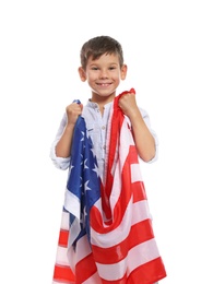 Photo of Portrait of cute little boy with American flag on white background