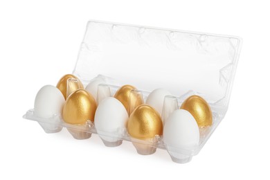 Photo of Plastic container with golden eggs and ordinary ones on white background