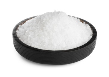 Photo of Plate with natural sea salt isolated on white