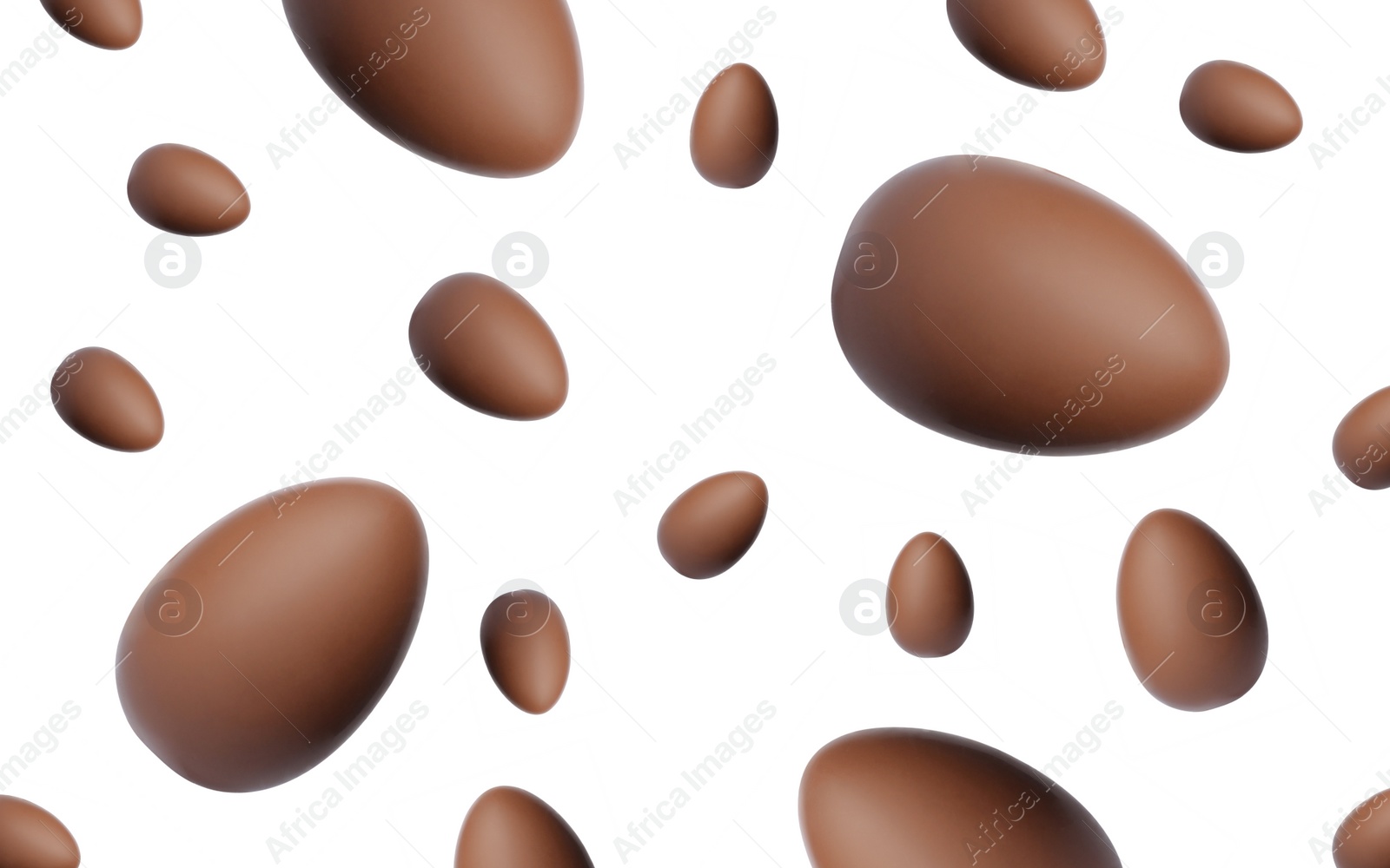 Image of Many chocolate eggs falling on white background