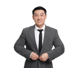 Businessman in suit posing on white background