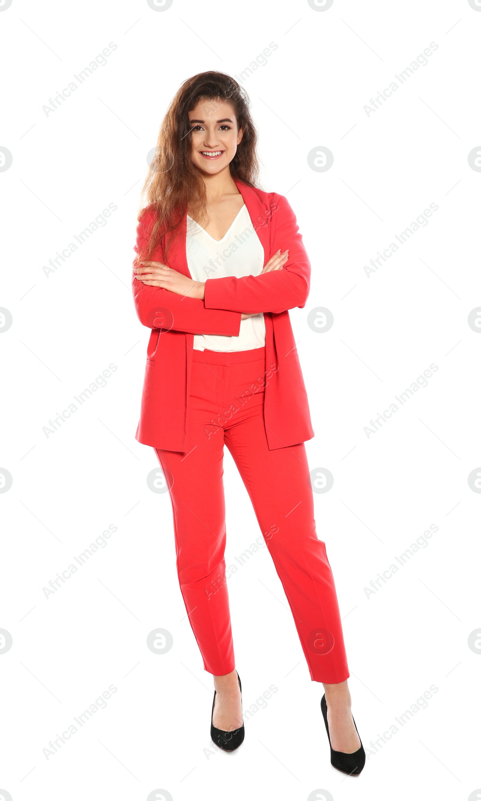 Photo of Beautiful young woman in stylish suit on white background