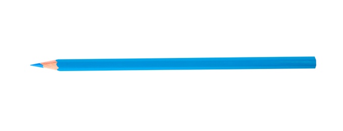 Photo of Light blue wooden pencil on white background, top view. School stationery