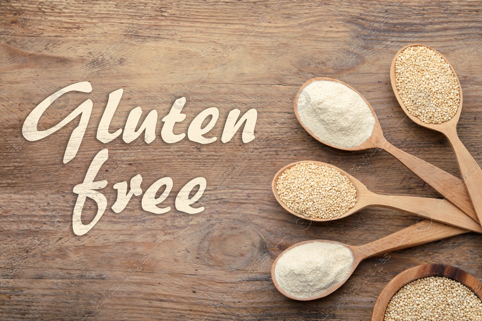 Image of Gluten free products. Spoons with different types of flour and text on wooden table, top view