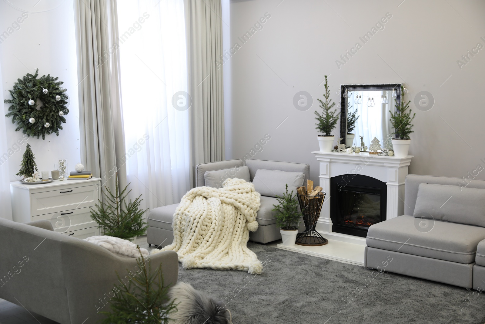 Photo of Stylish living room interior with little fir trees and Christmas decorations