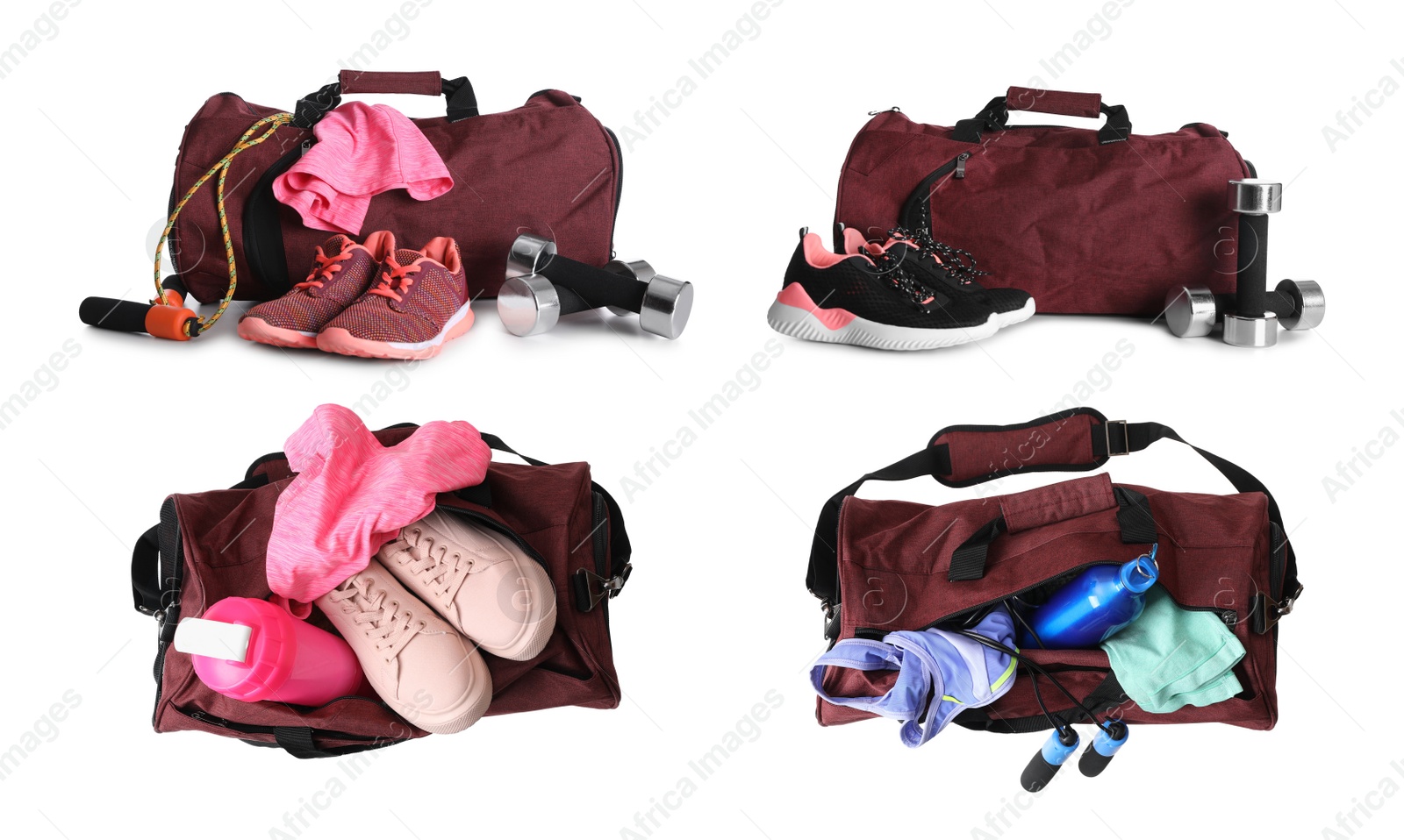 Image of Sports bag and gym equipment on white background, collage