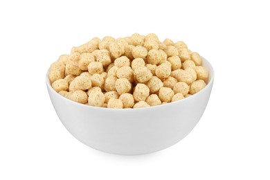 Photo of Bowl of sweet crispy corn balls on white background. Breakfast cereal