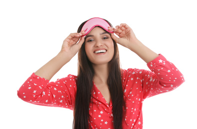 Beautiful woman wearing sleeping mask on white background. Bedtime