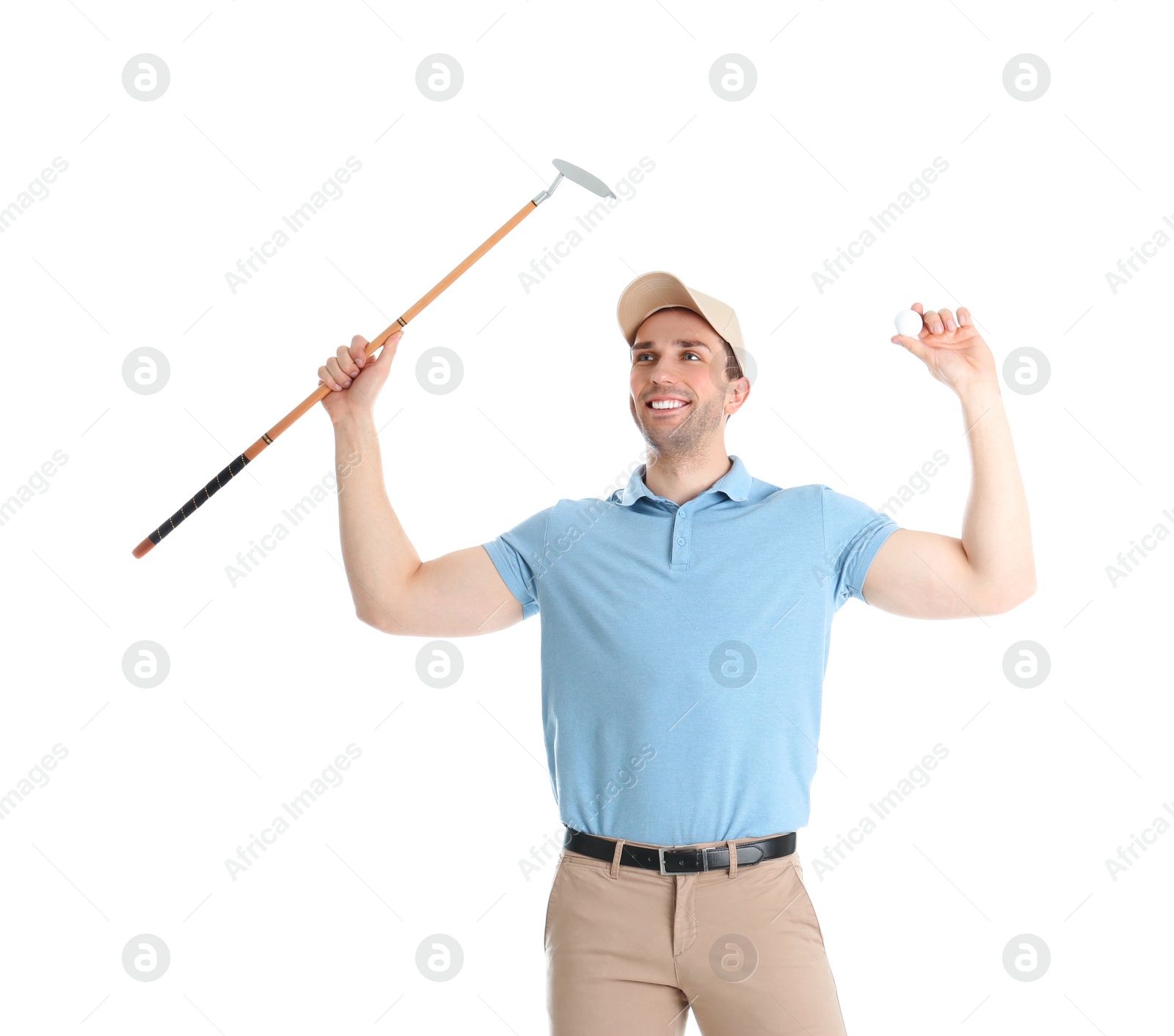 Photo of Portrait of young man with golf club isolated on white