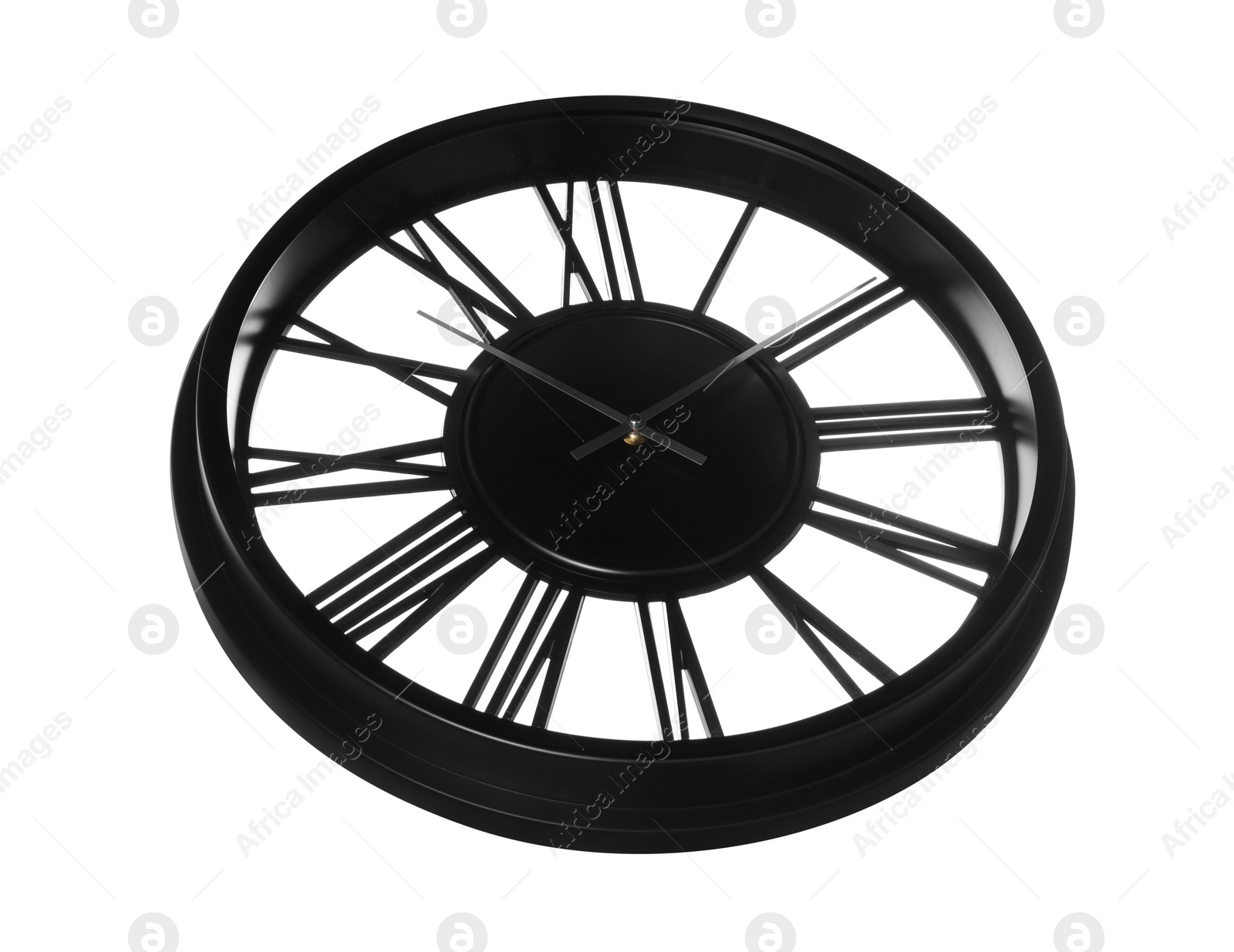 Photo of Modern black clock with Roman numerals isolated on white