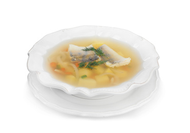 Delicious fish soup in bowl isolated on white