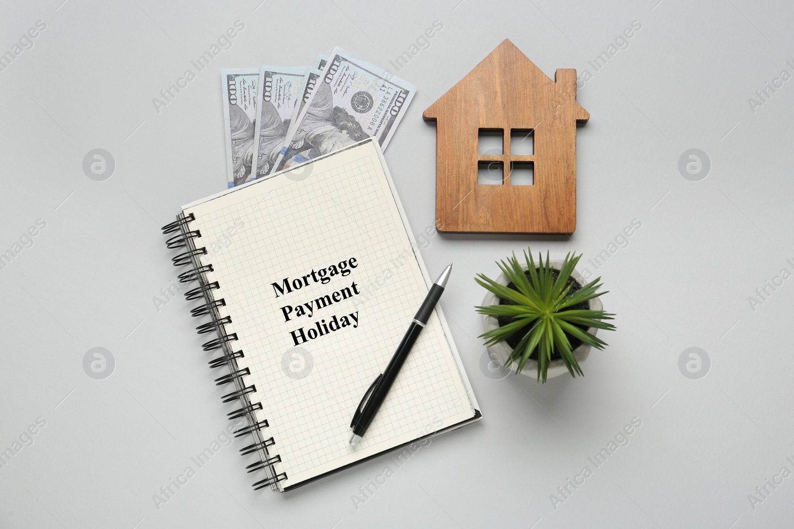 Photo of Notebook with words Mortgage Payment Holiday, house model, plant and money on light grey background, flat lay