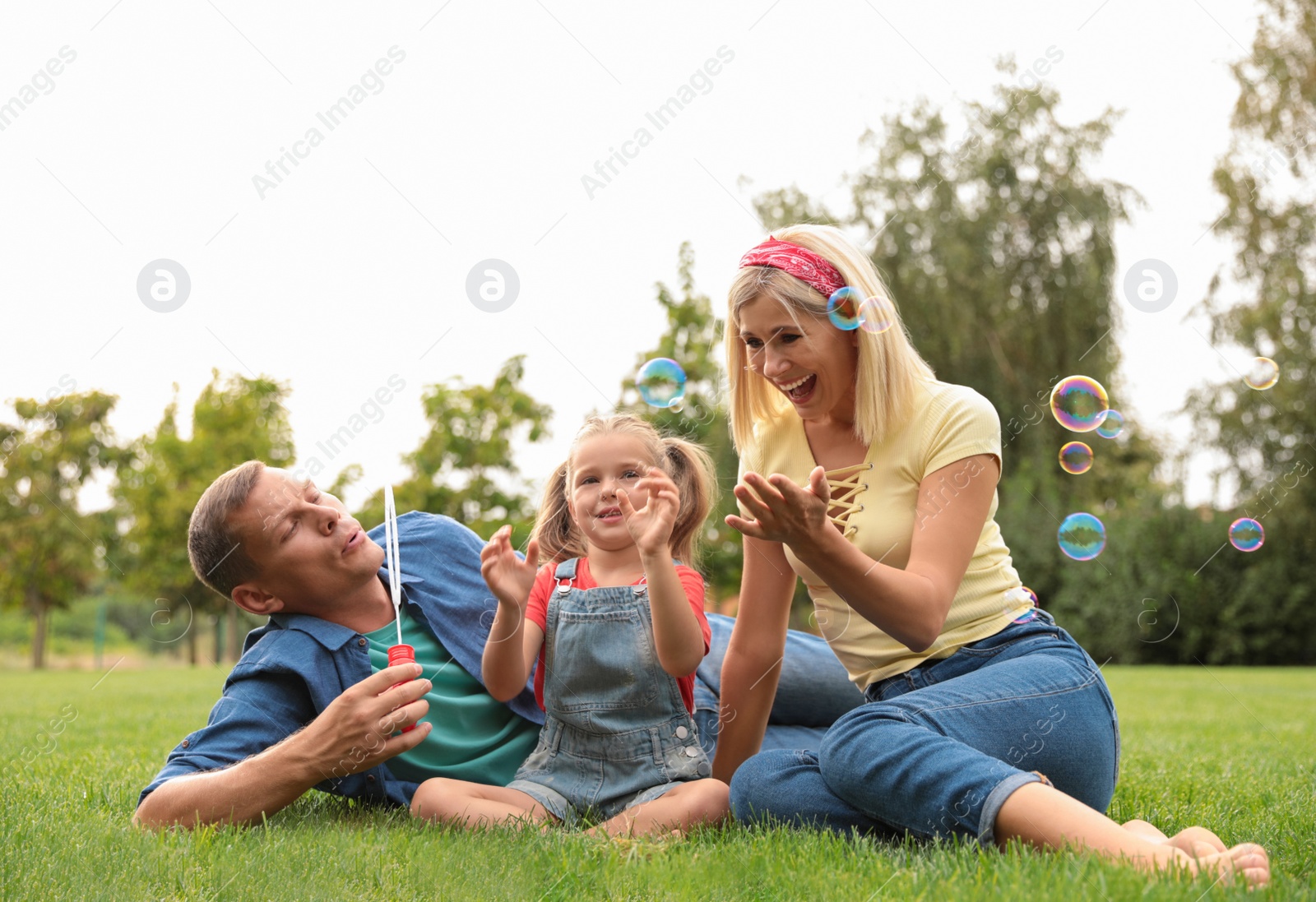 Photo of Happy family blowing soap bubbles in park on green grass