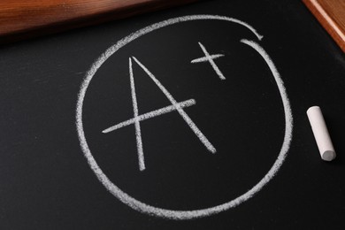School grade. Letter A with plus symbol and chalk on blackboard, closeup