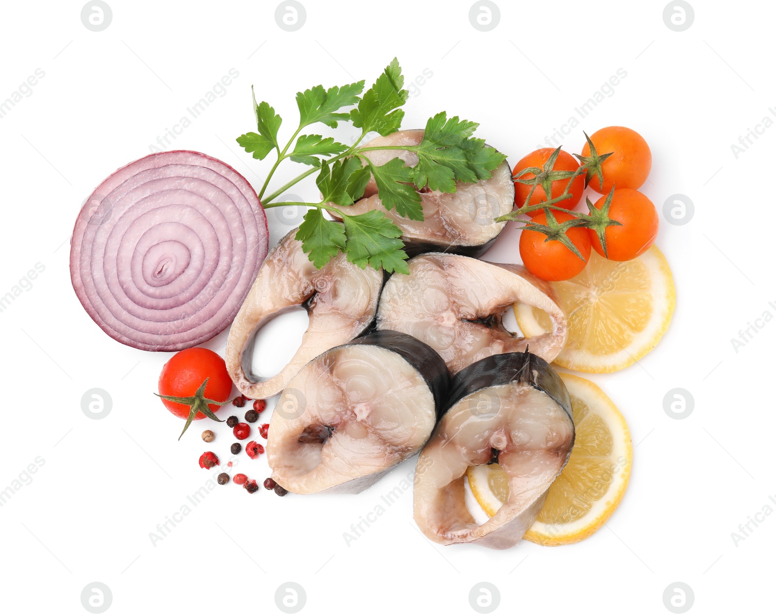 Photo of Pieces of mackerel fish and different products on white background, top view