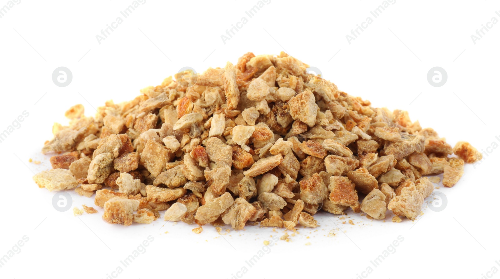 Photo of Pile of dried orange zest seasoning isolated on white