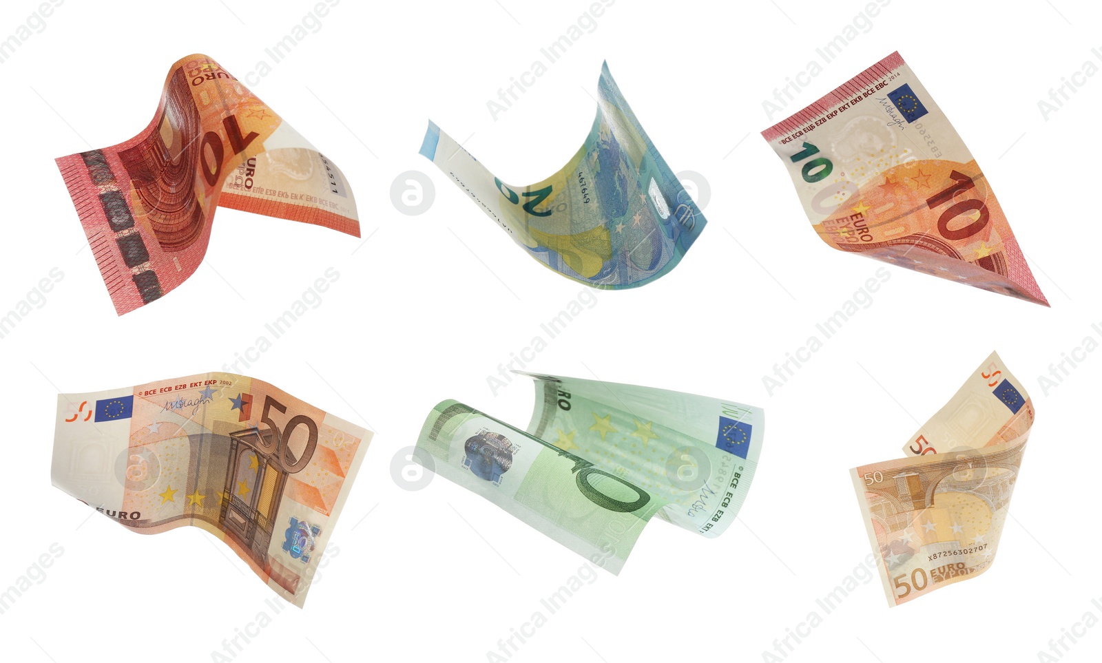 Image of Set of euro banknotes on white background