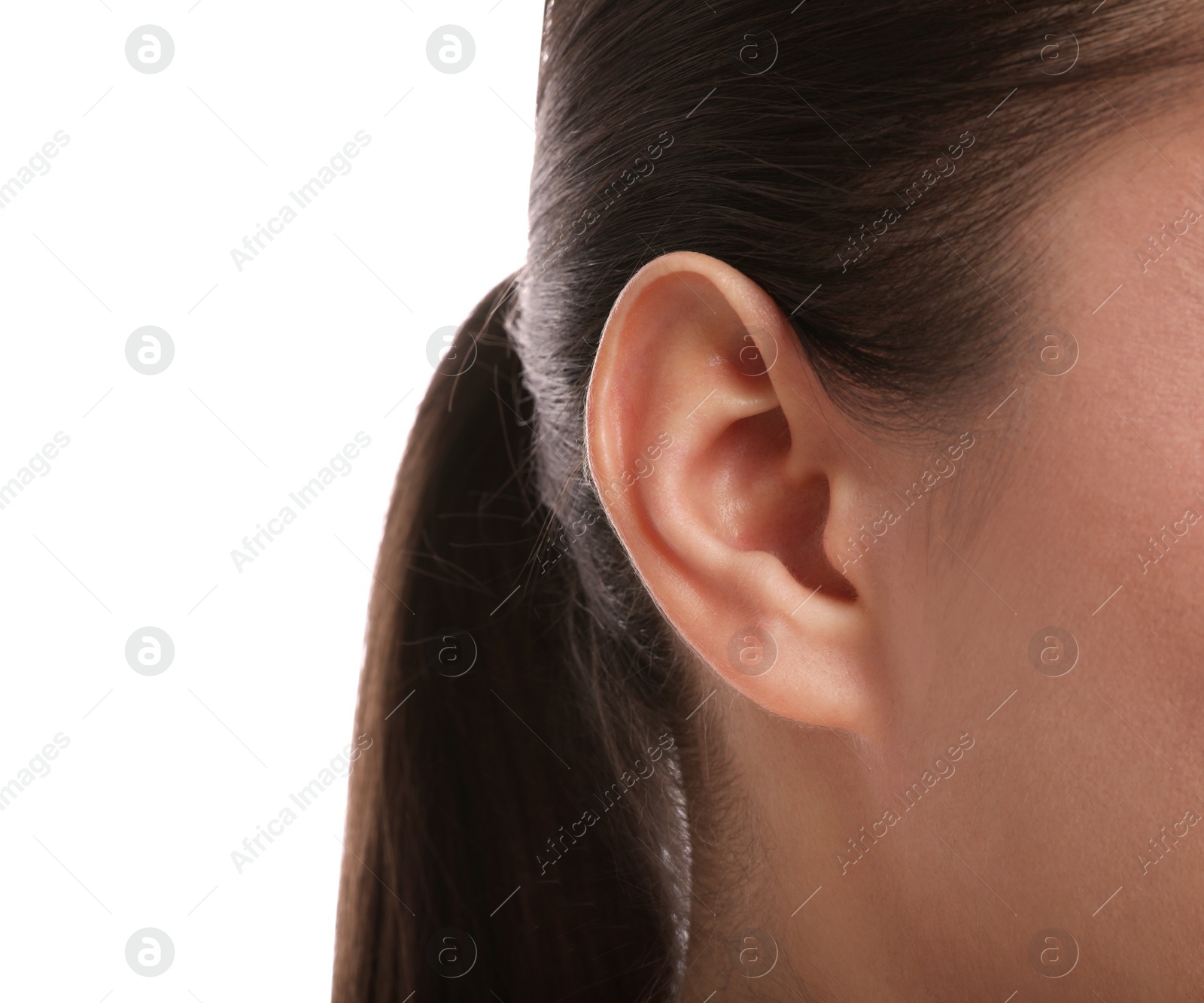 Photo of Woman on white background, closeup of ear