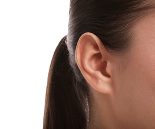 Photo of Woman on white background, closeup of ear