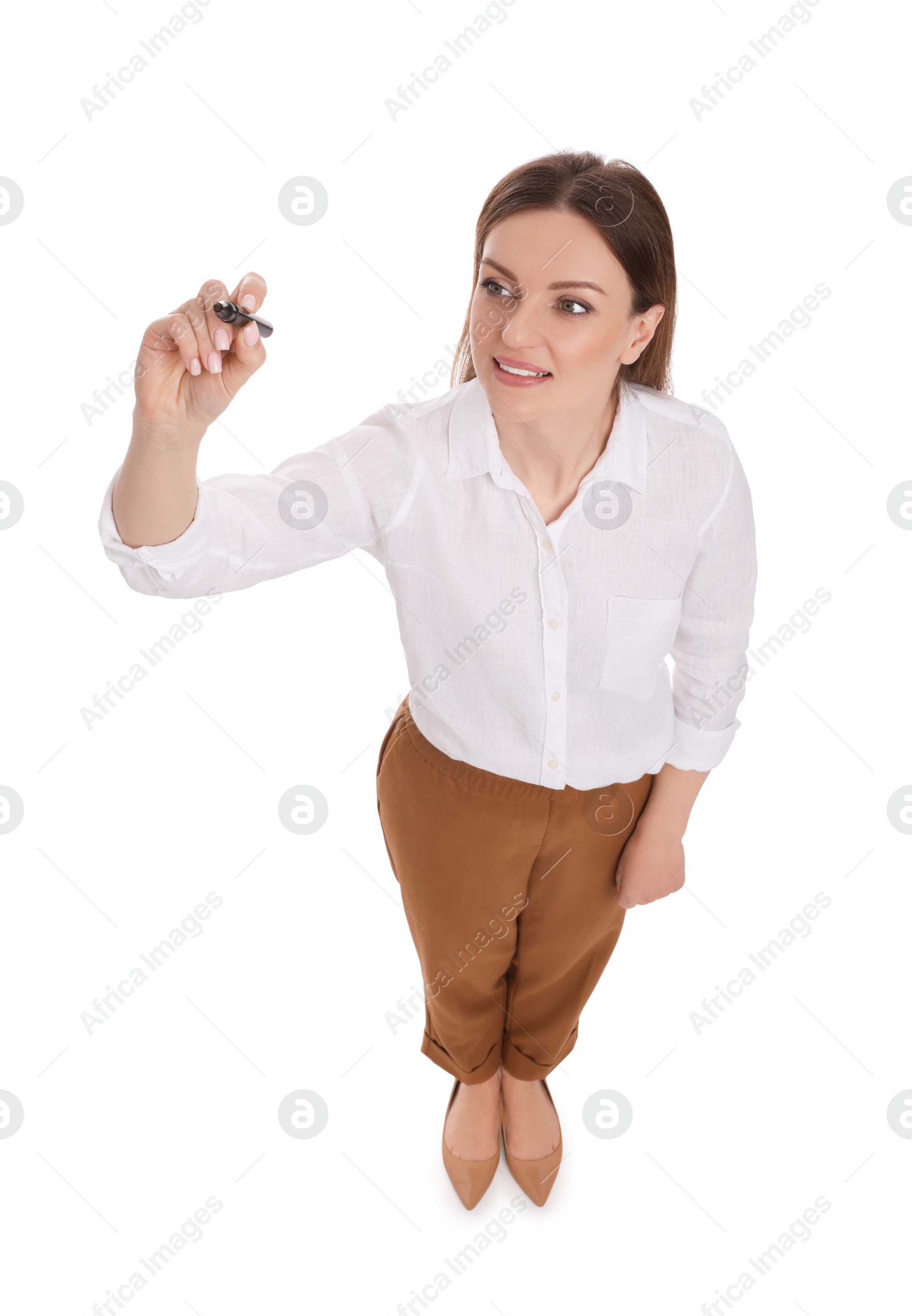 Photo of Beautiful businesswoman with marker on white background, above view