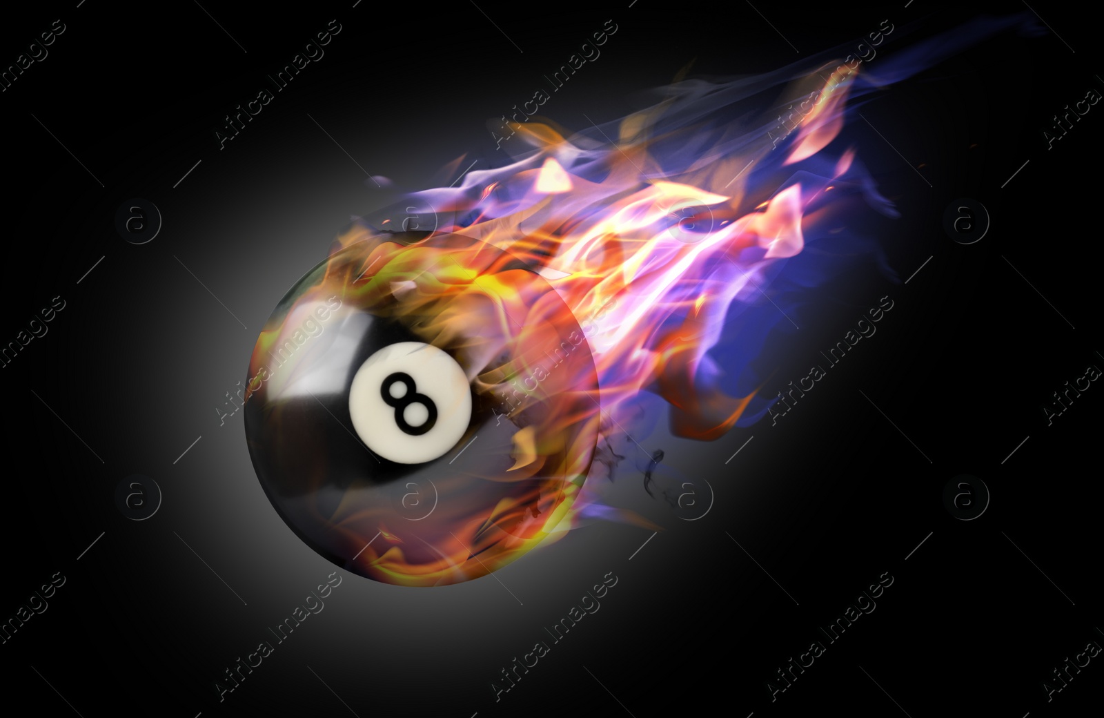 Image of Billiard ball with number 8 in fire flying on dark background