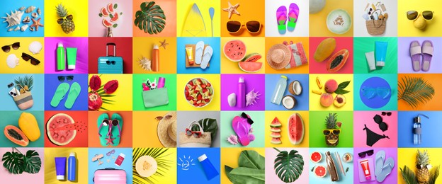 Collage with beach accessories and other summer stuff, banner design