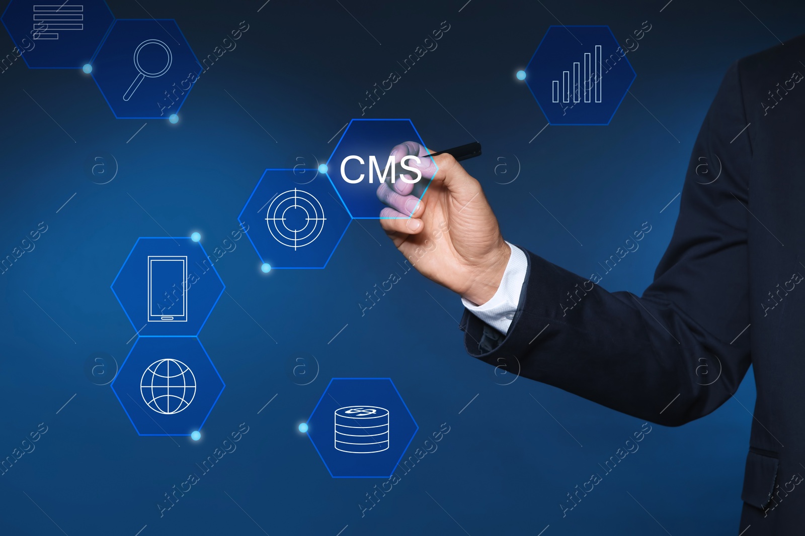 Image of CMS. Man using virtual screen, closeup. Scheme with icons on blue background