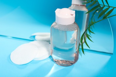 Photo of Bottle of micellar water, houseplant and cotton pads on light blue background near mirror