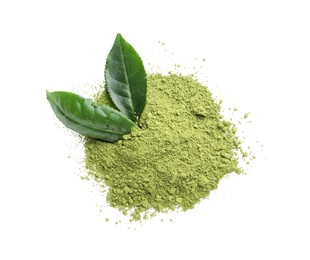 Pile of green matcha powder and fresh leaves isolated on white, top view