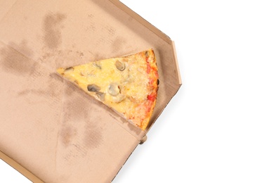 Photo of Cardboard box with pizza piece on white background, top view