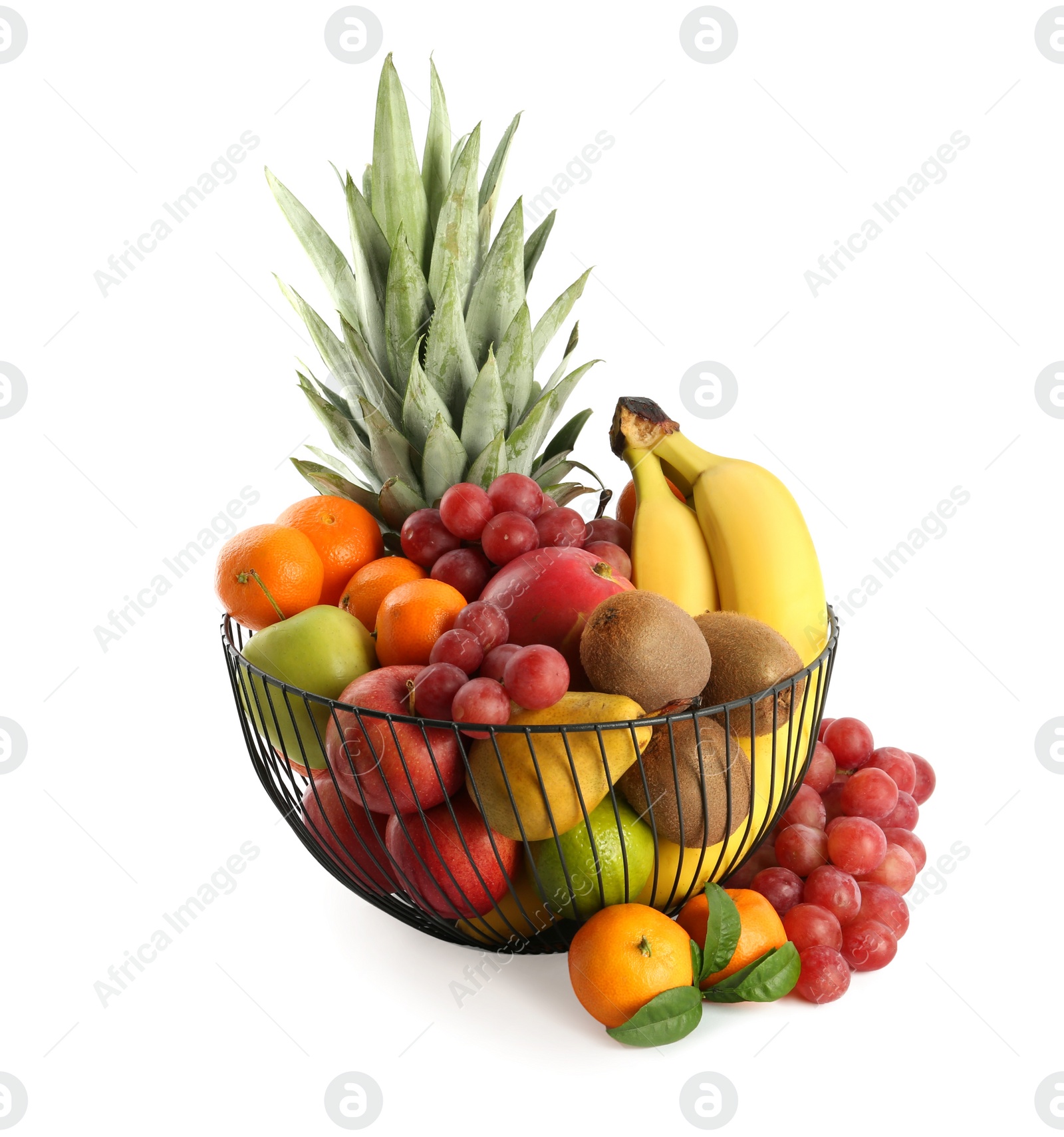 Photo of Metal bowl with different fresh fruits isolated on white