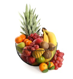 Metal bowl with different fresh fruits isolated on white