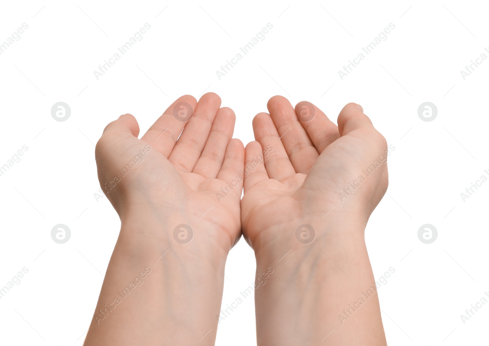 Photo of Woman holding something in hands on white background, closeup