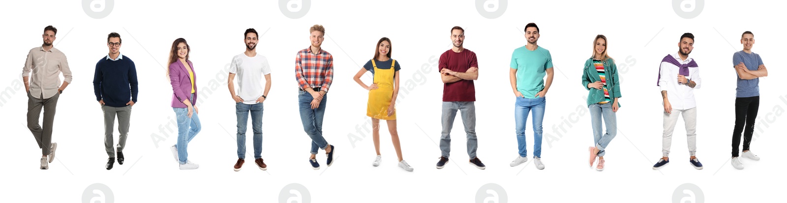 Image of Collage with full length portraits of men and women on white background