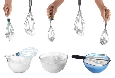 Image of People holding whisks on white background, closeup. Bowls and whisks with cream