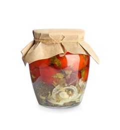 Pickled tomatoes in glass jar on white background