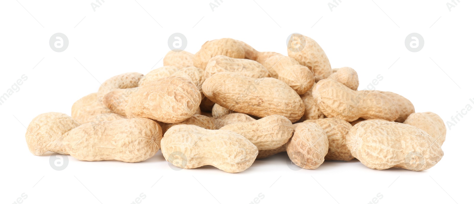 Photo of Pile of fresh unpeeled peanuts isolated on white