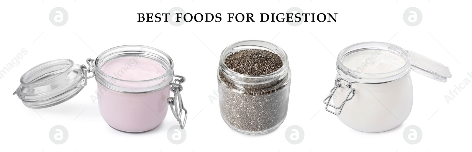 Image of Foods for healthy digestion, collage. Yogurt and chia seeds on white background