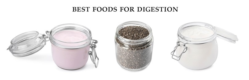 Image of Foods for healthy digestion, collage. Yogurt and chia seeds on white background