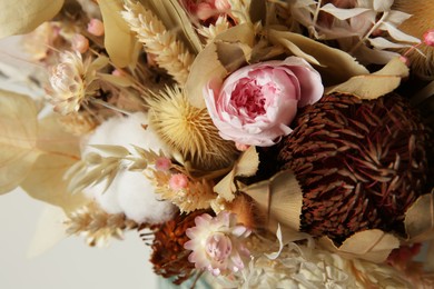 Photo of Beautiful elegant dried flower bouquet, closeup view